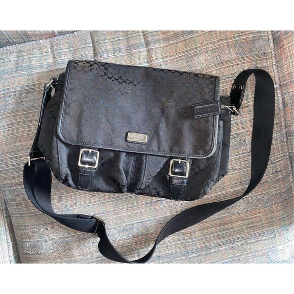 Coach Crossbody Messenger Bag Signature Jacquard F70283 Black Canvas Large - Picture 1 of 13